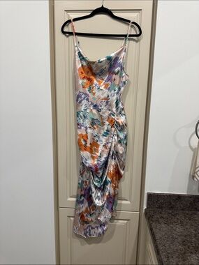 Cider One-Shoulder Satin Dress in Cream with Orange, Teal & Purple Print